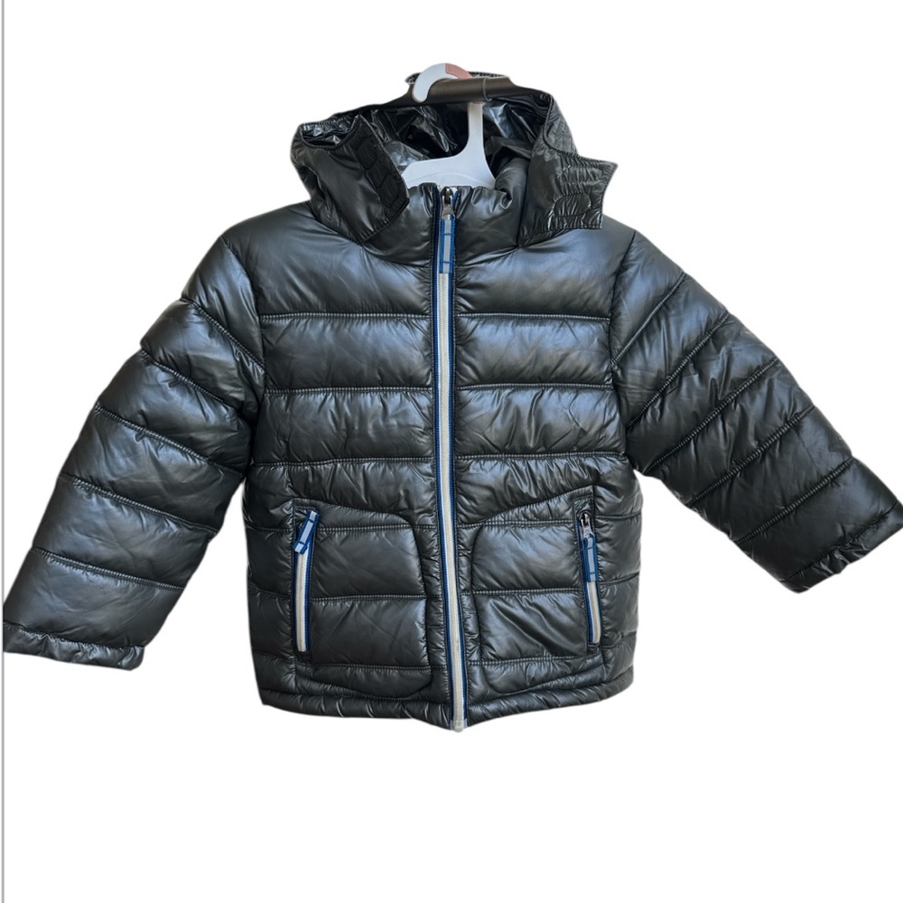 Mini Boden Metallic Gray Hooded, Full Zip Puffer Jacket - Size 3-4 Years (104)